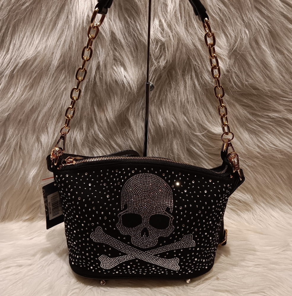 Black Super Sparkly Rhinestone Crossbone Skull Crossbody Sling